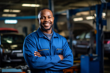Portrait of a professional male auto mechanic in auto repair shop - obrazy, fototapety, plakaty