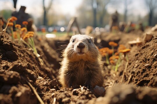 Celebrating Groundhog Day in the Tranquil Wilderness A Serene Image of Harmony with a Cute Rodent in its Burrow, Surrounded by Soft Sunlight, Greenery, and Earthy Tones Wildlife Scene
