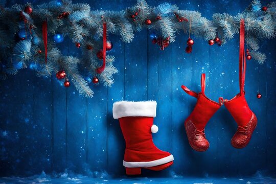 Red Santa's Boot Hangs On A Blue Board.