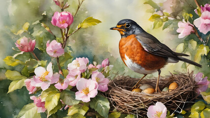 Watercolor illustration of a robin and a nest with eggs in spring.Generative AI.