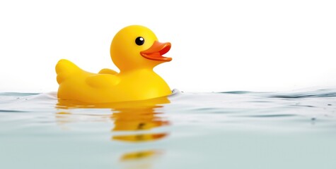 Rubber duck floating on the surface of water on white background, banner with space for your text