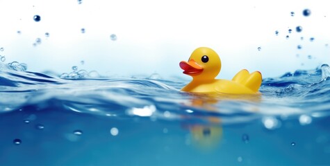 A rubber yellow duck floats on the surface of blue water with splashes on a white background