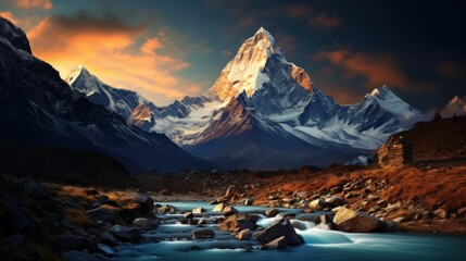 Evening panoramic view of Ama Dablam on the way to Everest Base Camp - Nepal - obrazy, fototapety, plakaty