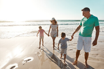 Parents, children and beach or holding hands for happy summer or travel, ocean sunshine or sibling...