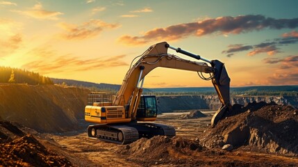 Excavator in earthworks in an open pit mine. Dig ore with an excavator in a quarry at sunset. Heavy construction equipment and Heavy Machinery during excavation at the Mining Site. Mining excavator - obrazy, fototapety, plakaty