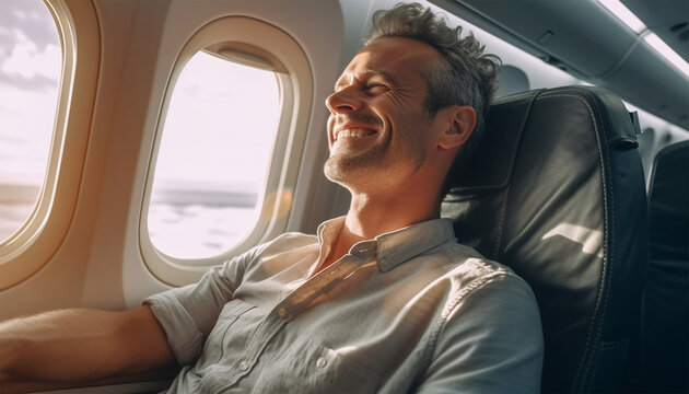 Handsome man sitting and smiling in airplane sunlight. Passenger traveler looking at window in airplane, travel by flight, man tourist sitting in air plane. Travel concept. Transportation,plane