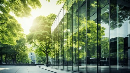 Exemplifying the ESG - Environmental, Social, Governance concept, a corporate glass building facade reflects green trees. Importance of integrating sustainability into business practice - obrazy, fototapety, plakaty