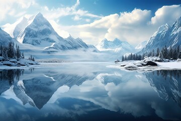 Panoramic winter landscape with scenic frozen mountain lake. High mountain rocky peaks covered with snow reflected in sea water. Calm beautiful nature background or banner