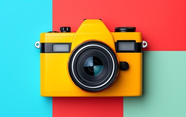 a yellow camera on a red and blue background - obrazy, fototapety, plakaty