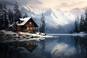 Beautiful view of lake with snow covered and wooden house in rocky mountains and pine forest on winter. Cottage or hotel for family vacation on winter holidays. Travel concept