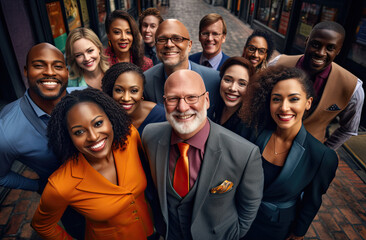Fototapeta premium A joyful, diverse group taking a selfie, featuring colleagues of different ages and ethnicities.
