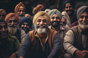 A group of Indian men in vibrant traditional attire and turbans, sitting and smiling. - obrazy, fototapety, plakaty