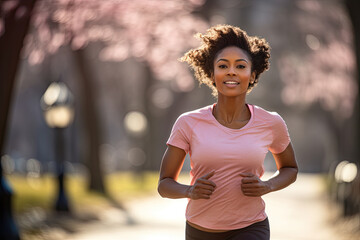 A fit and smiling black woman jogging in a blossoming park, embodying a healthy and active lifestyle during spring. - obrazy, fototapety, plakaty