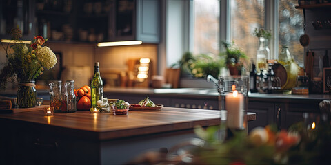 A cozy and contemporary kitchen with wooden accents, a table set for a healthy meal, and a touch of...