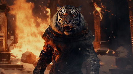TIGER wearing ninja uniforms, on village ruin with fire flames background. Generative AI