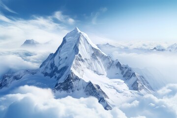 Panoramic view of winter mountains. Mountain ski resort landscape on clear sunny day. Alpine mountains with white snow and blue sky. Winter vacation