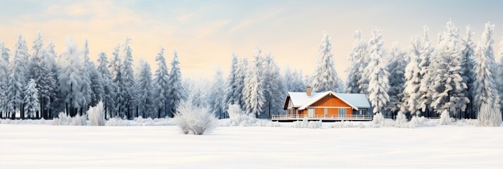 Wooden chalet in on snowy sunny winter forest. Wooden village house in a nature area covered with freshly fallen snow. Christmas holiday vacation concept