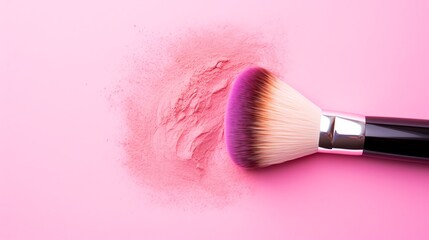 a makeup brush with a pink powder - obrazy, fototapety, plakaty