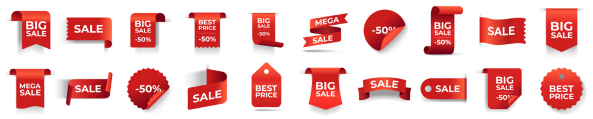 Best choice, sale banners. Red ribbons, tags and stickers. Vector illustration set