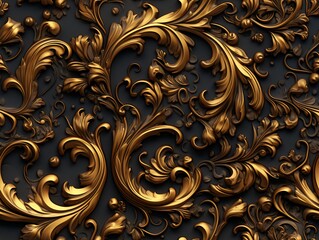 Seamless barocco scrollwork pattern venzel and whorl Royal vintage Victorian Gothic Rococo gold background - obrazy, fototapety, plakaty