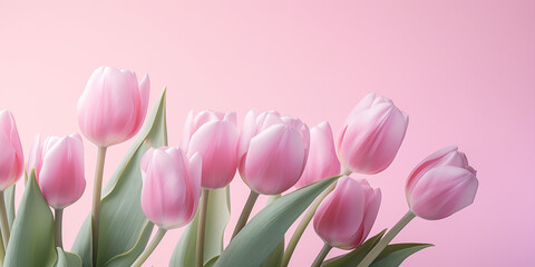 Obraz premium Beautiful composition spring flowers. Bouquet of pink tulips flowers on pastel pink background. Valentine's Day, Easter, Birthday, Happy Women's Day, Mother's Day. Flat lay, top view, copy space