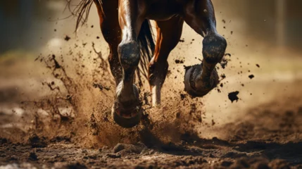 Schilderijen op glas Dust under the horse's hooves. Legs of a galloping horse © ahmad05