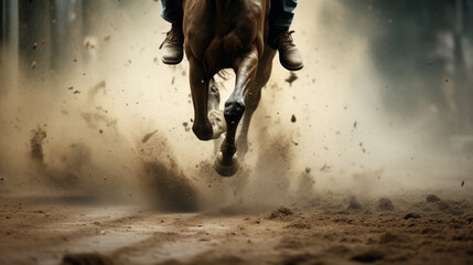 Dust under the horse's hooves. Legs of a galloping horse - obrazy, fototapety, plakaty