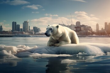 Polar bear on a block of ice drifting in a city - obrazy, fototapety, plakaty