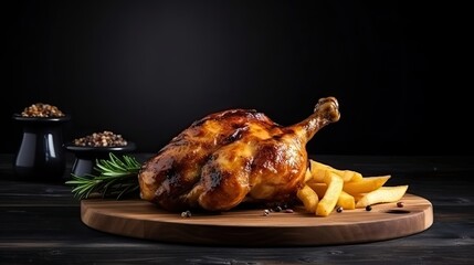Fried full chicken with french fries on a table, isolated background
