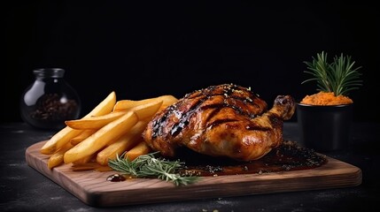 Fried full chicken with french fries on a table, isolated background

