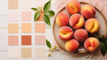 elegant peach fuzz beauty palette and plate of peaches, pantone, peach fuzz, ai-generated image