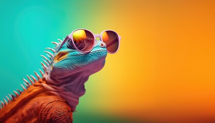 Chameleon wearing mirrored glasses on a multi-coloured background - obrazy, fototapety, plakaty