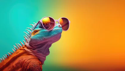 Fotobehang Chameleon wearing mirrored glasses on a multi-coloured background © Alina Zavhorodnii