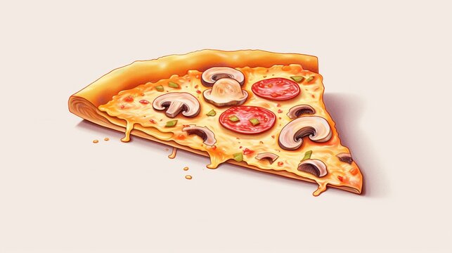Piece of pizza with mushrooms and tomatoes on a light background.