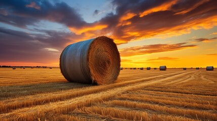 a large bales of hay in a field - obrazy, fototapety, plakaty