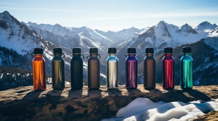 a group of water bottles in front of snowy mountains - Powered by Adobe