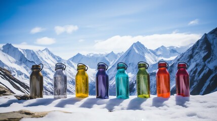 a group of colorful bottles in snow - obrazy, fototapety, plakaty