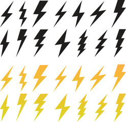 Black and more color icons of thunder and flash lighting on a white background. Vector illustration.