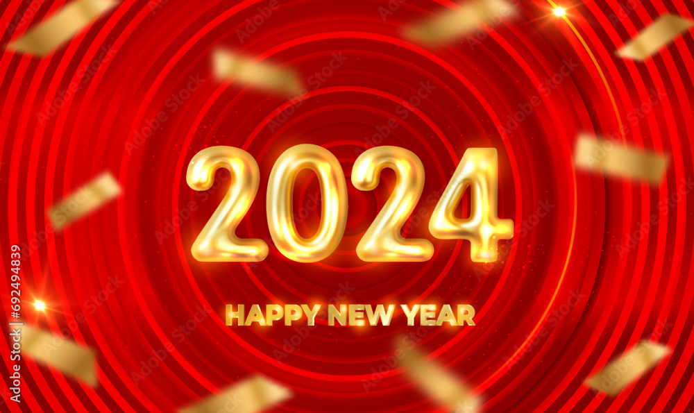 Poster realistic 2024 metallic golden numbers with confetti on concentric circular lines background. 3d met