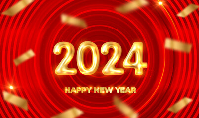 Realistic 2024 Metallic golden numbers with confetti on concentric circular lines background. 3d metallic golden number 2024 for Happy New Year or Merry Christmas. Celebration New Year. Vector EPS10. - obrazy, fototapety, plakaty