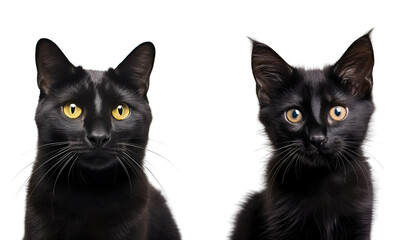 Set of Black Cats: From Kitten to Adult, Close-Up View, Isolated on Transparent Background, PNG