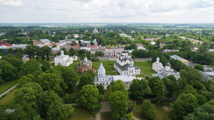 Yaroslav's Court with old cathedral of St. Nicholas and Gostiny Dvor in summer. Novgorod Veliky, Russia. 