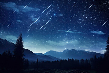 Beautiful Meteor shower in the dark sky at night background, Shiny of shooting star from space, landscape outside of the city, milky way scene. - obrazy, fototapety, plakaty