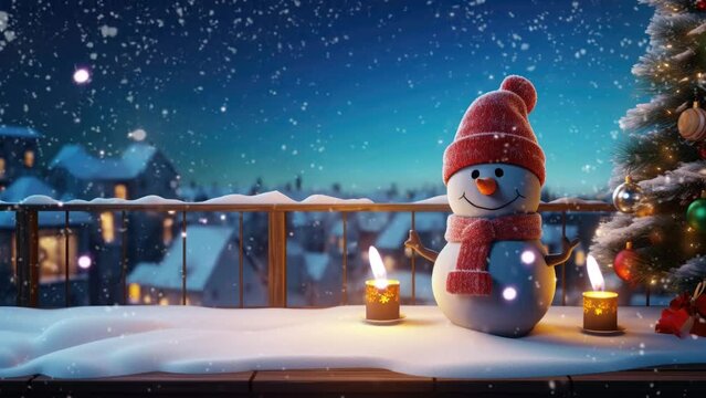 christmas decorations on the balcony of the house with a snowman and christmas tree surrounded by snowfall. cartoon style. seamless looping time-lapse virtual video animation background.	