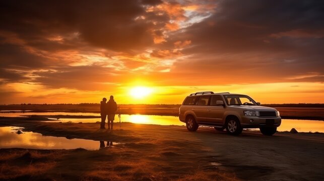 Family vacation holiday. Loving couple having fun on the beach in the sunset. Photo of a happy young family on a beach and a car on the side. Couple traveling by car.