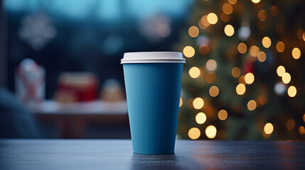 Paper cup with coffee сlose up. Blue coffee cup. Christmas tree with lights on the background....