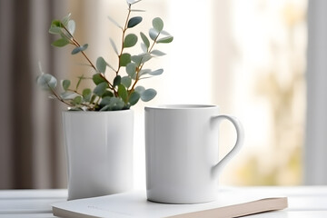Empty white mug with Eucalyptus branches and book with white wall with copy space