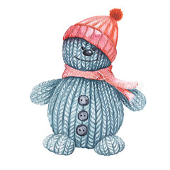 Watercolor illustration of a knitted toy snowman in a hat. Hand drawn knitted New Year's toy