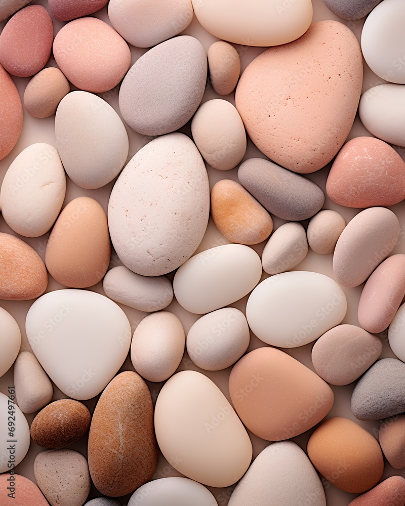 Poster a soothing aesthetic background featuring an array of smooth pebbles in elegant beige and pastel ton