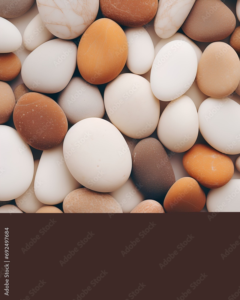 Poster a soothing aesthetic background featuring an array of smooth pebbles in elegant beige and pastel ton